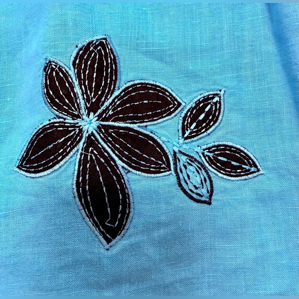 Madison Studio Women’s 100% Linen Teal Turquoise Blue Skirt Embroidered Floral
